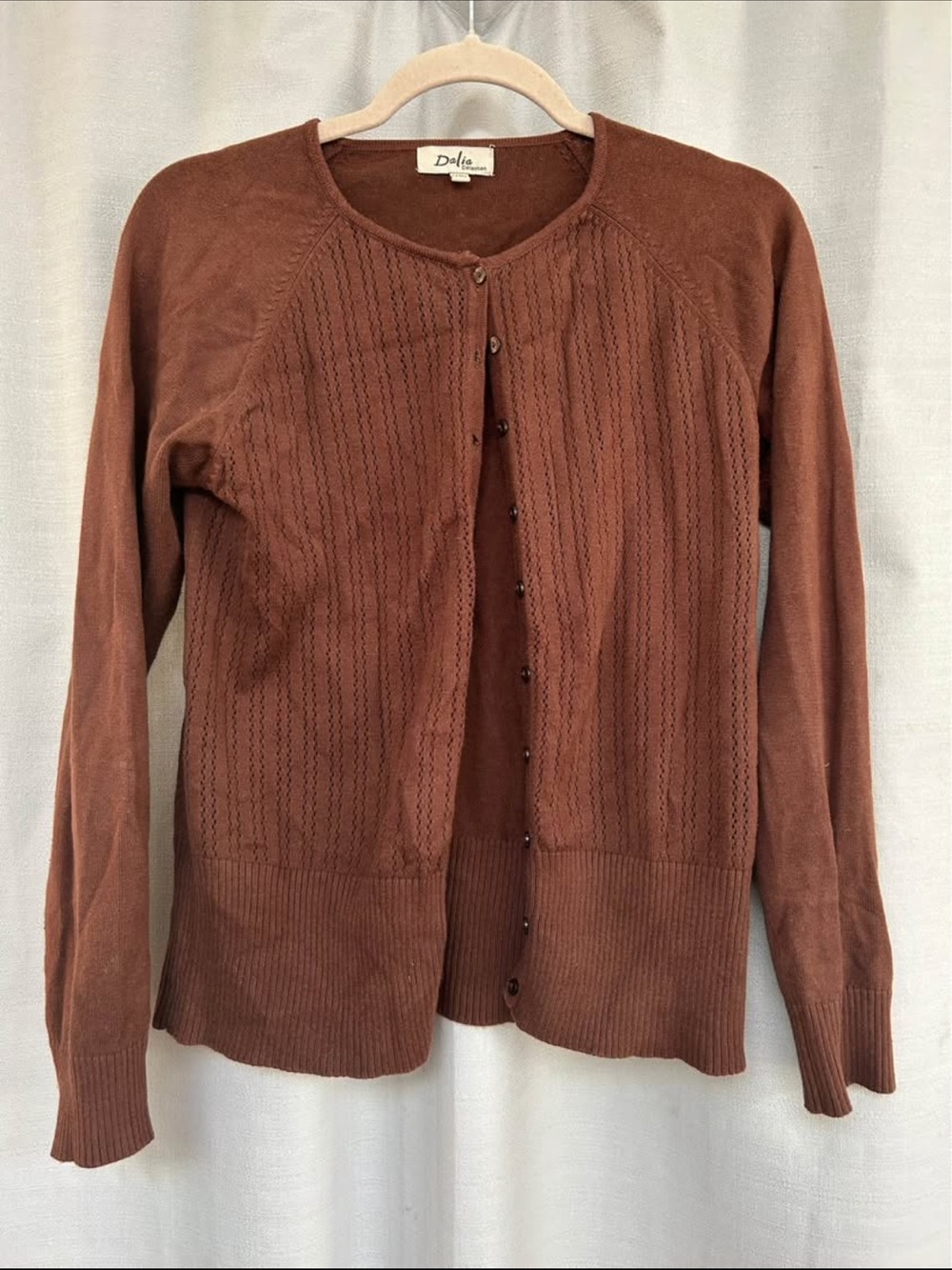 Dalia Rust Brown Button-Front Knit Cardigan pointelle 100% cotton